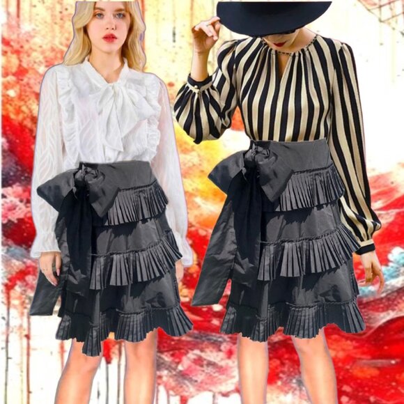 MIKA VERO Tiered Pleated Side Oversized Bow Black Skirt Made in ITALY Size S - Picture 2 of 3